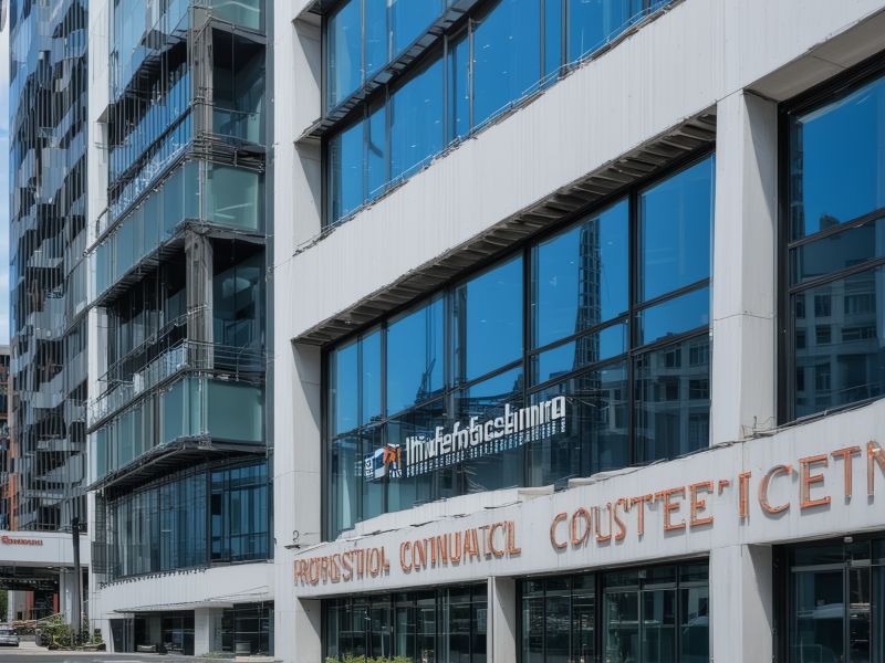 Modern office building exterior with professional construction company signage