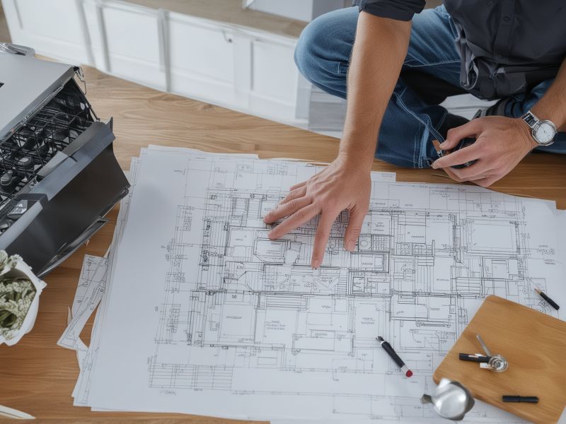 Professional kitchen designer working on kitchen plans and blueprints