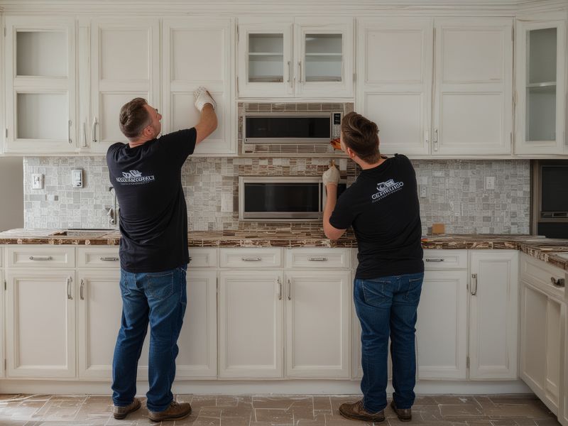 Professional kitchen installation team working on cabinet installation