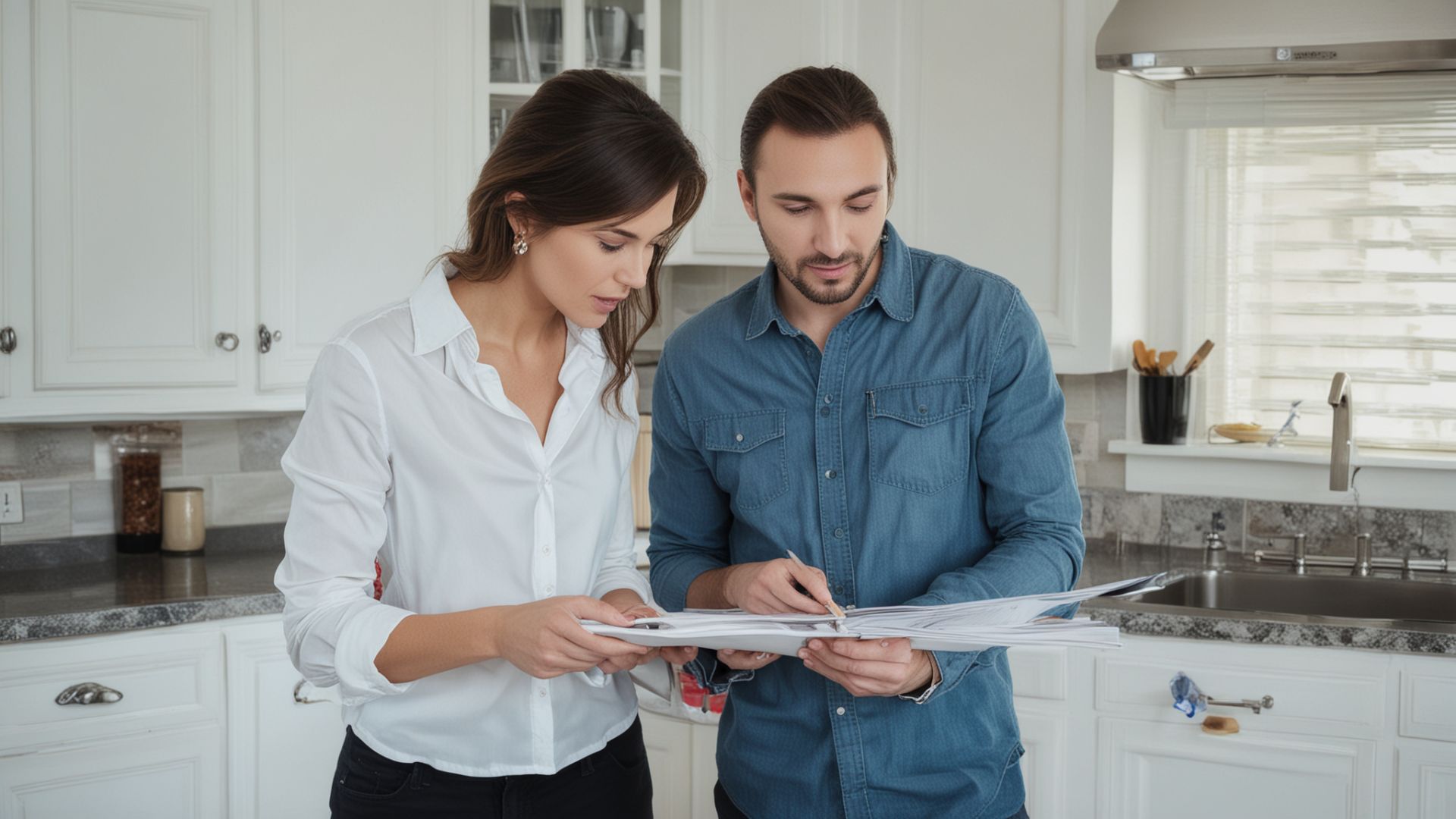 Professional kitchen designers planning and measuring for remodeling project