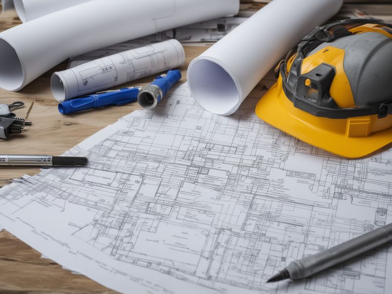 Construction blueprints and planning materials on workspace