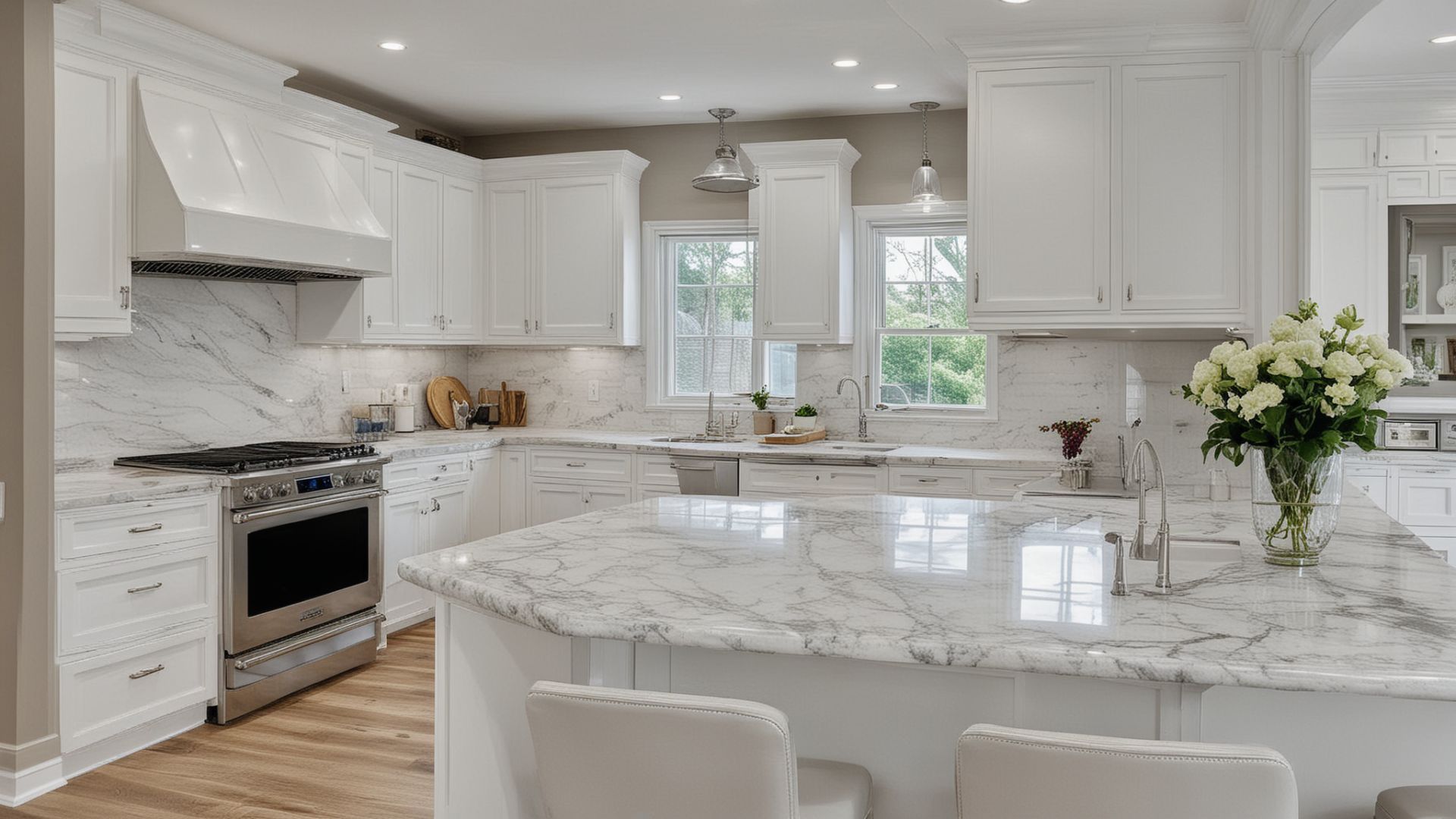 Beautiful modern kitchen showcase with white cabinets and marble countertops