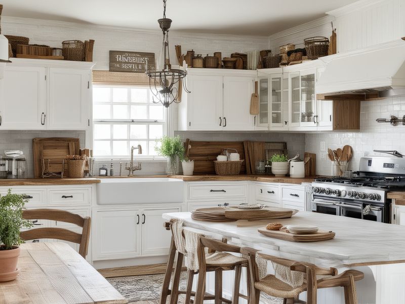 Farmhouse style kitchen with white cabinets and wood accents