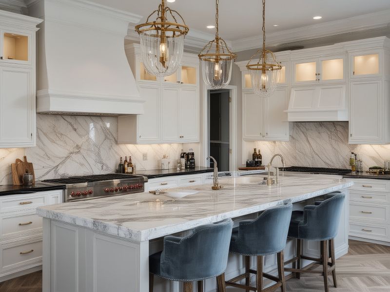 Luxury kitchen island with pendant lighting and marble backsplash