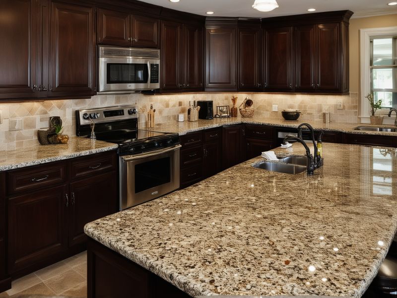 Traditional kitchen with dark wood cabinets and granite countertops